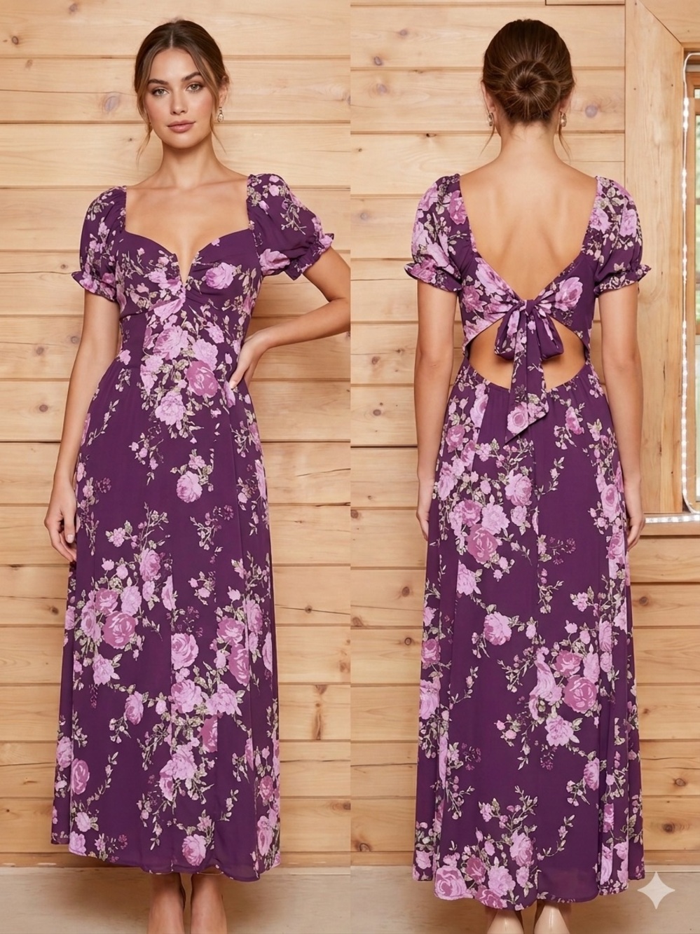 Floral Maxi Dress  Purple Puff Sleeve Cutout Tie Back Sweetheart Neck Romantic M